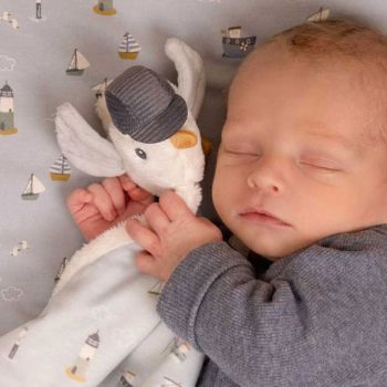 Ein neugeborenes Baby macht ein Nickerchen in Little Dutch-Bettwäsche mit einer Kuscheltier-Möwe.
