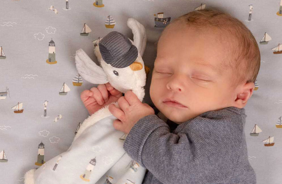 Ein neugeborenes Baby macht ein Nickerchen in Little Dutch-Bettwäsche mit einer Kuscheltier-Möwe.