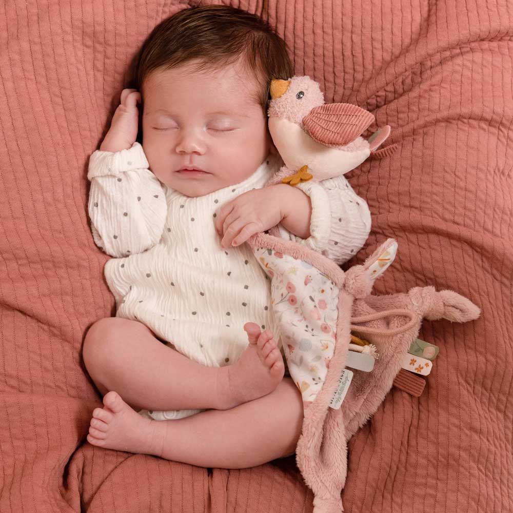Ein Säugling liegt auf einer korallfarbenen Decke und schläft mit dem Little Dutch-Baby-Schnuffeltuch "Flowers & Butterflies" im Arm.