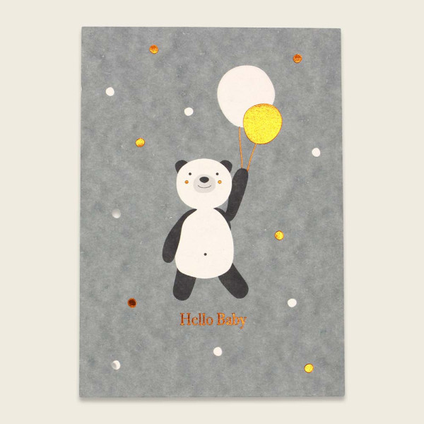 Ava & Yves Postkarte, Ansichtskarte, Grußkarte - Panda mit Luftballons, Kupferfolie – Hello Baby