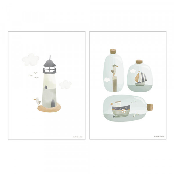 Little Dutch Poster &quot;Sailors Bay&quot; Leuchtturm und Flaschenschiffe weiß zweiseitig