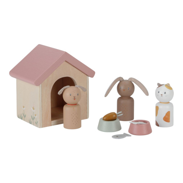 Little Dutch Puppenhaus Haustiere: Holz Figuren Set mit Hund, Katze & Kaninchen + Zubehör