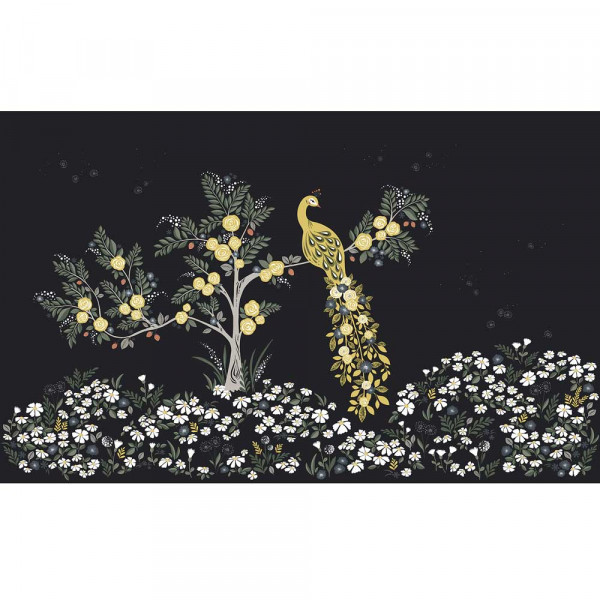 Lilipinso Vlies Wandbild Pfau mit Baum im Blütenmeer senf grün tiefblau