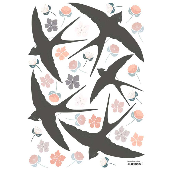 Lilipinso Wandsticker A3 Schwalben und Blüten schwarz rosa