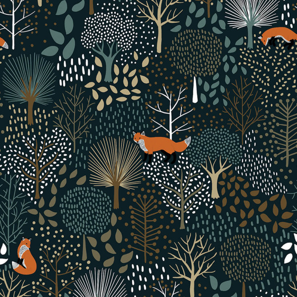 Lilipinso Vlies Tapete Füchse im Wald dunkelgrün