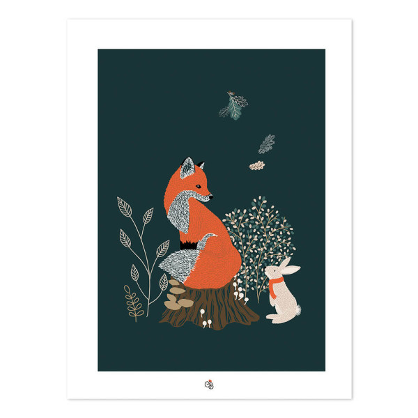 Lilipinso Poster Fuchs und Hase im Wald dunkelgrün