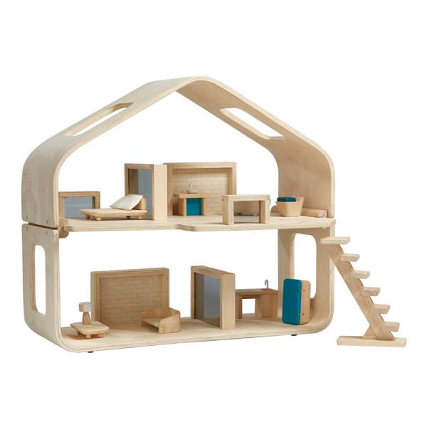 Plan Toys Modernes Puppenhaus möbliert Holz natur