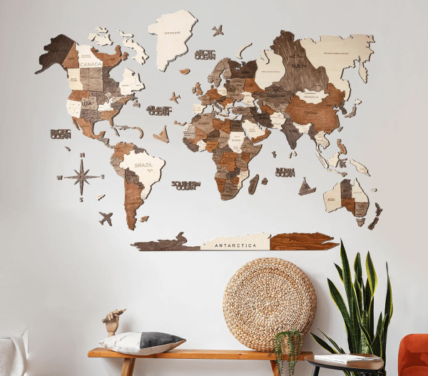 Weltkarte holz, Landkarte Welt, Weltkarte Wanddeko 3D - Enjoy The Wood, Multicolor Prime