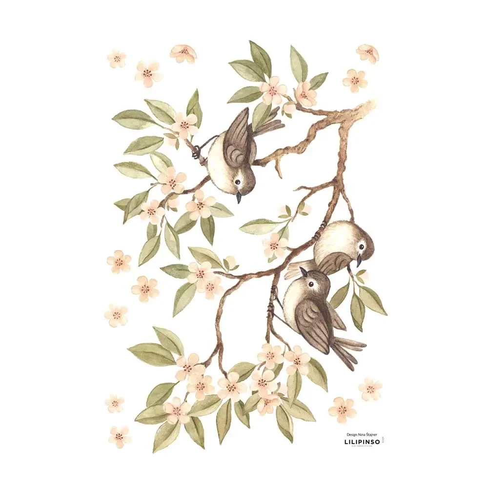 Lilipinso Wandsticker A3 Spatzen auf Ast grün rosa braun