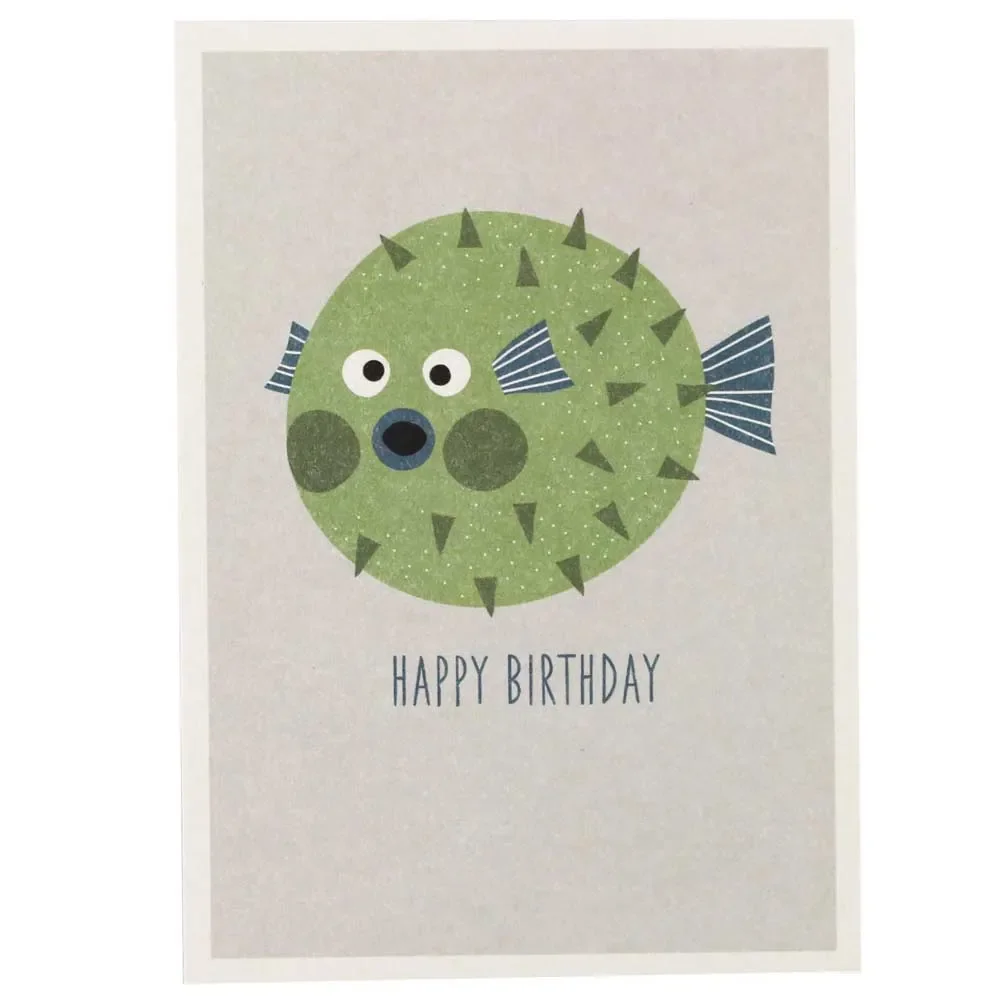 Ava & Yves Postkarte Geburtstag Kugelfisch grün