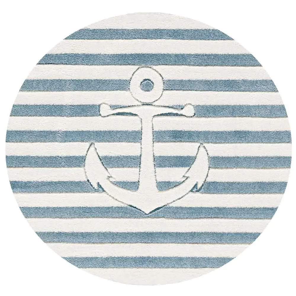Livone Kinderteppich rund Anker blau weiss