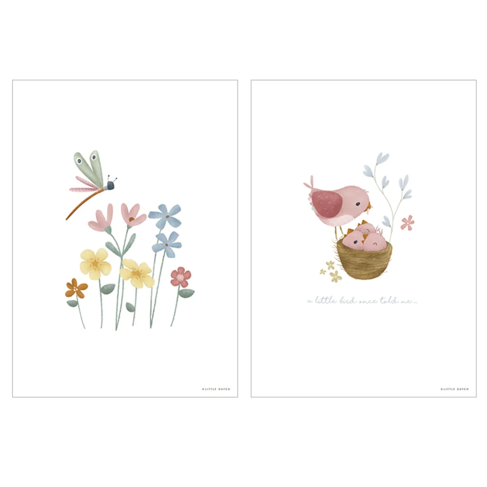 Little Dutch Poster Blümchen und Vogelnest "Little Pink Flowers" zweiseitig