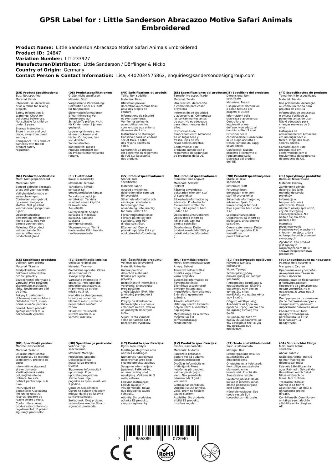 Little Sanderson Abracazoo Motivstoff Safari Tiere bestickt