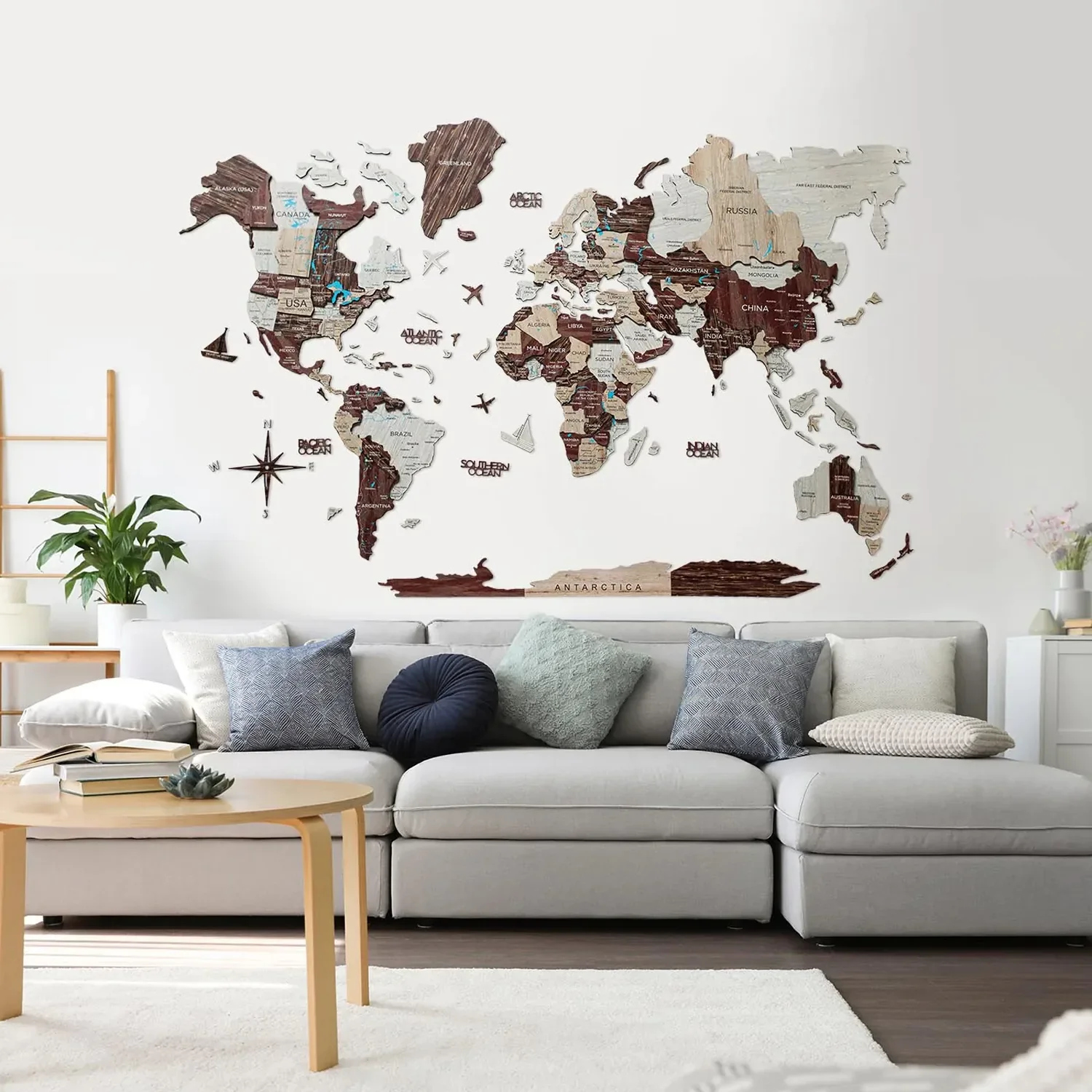Weltkarte Holz, Landkarte Welt, Weltkarte Wanddeko 3D - Enjoy The Wood, Cappuccino Prime, Weltkarte Größe: L