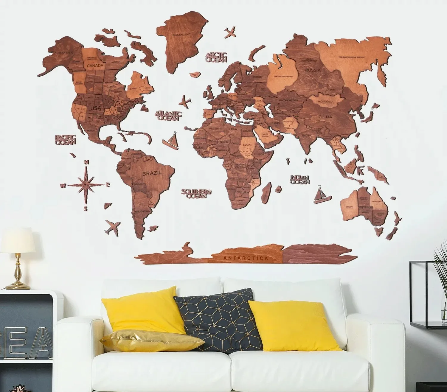 Weltkarte holz, Landkarte Welt, Weltkarte Wanddeko 3D - Enjoy The Wood, Eiche Prime, Weltkarte Größe: L