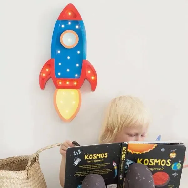Little Lights Nachtlicht Kinder, Nachtlampe Raketenschiff - 100% Kiefernholz natur, Farbe: Marineblau/Rot