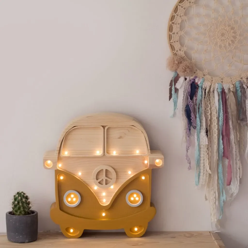 Little Lights Nachtlicht Kinder, Nachtlampe Wohnmobil - 100% Kiefernholz natur, Farbe: Senf/Holz