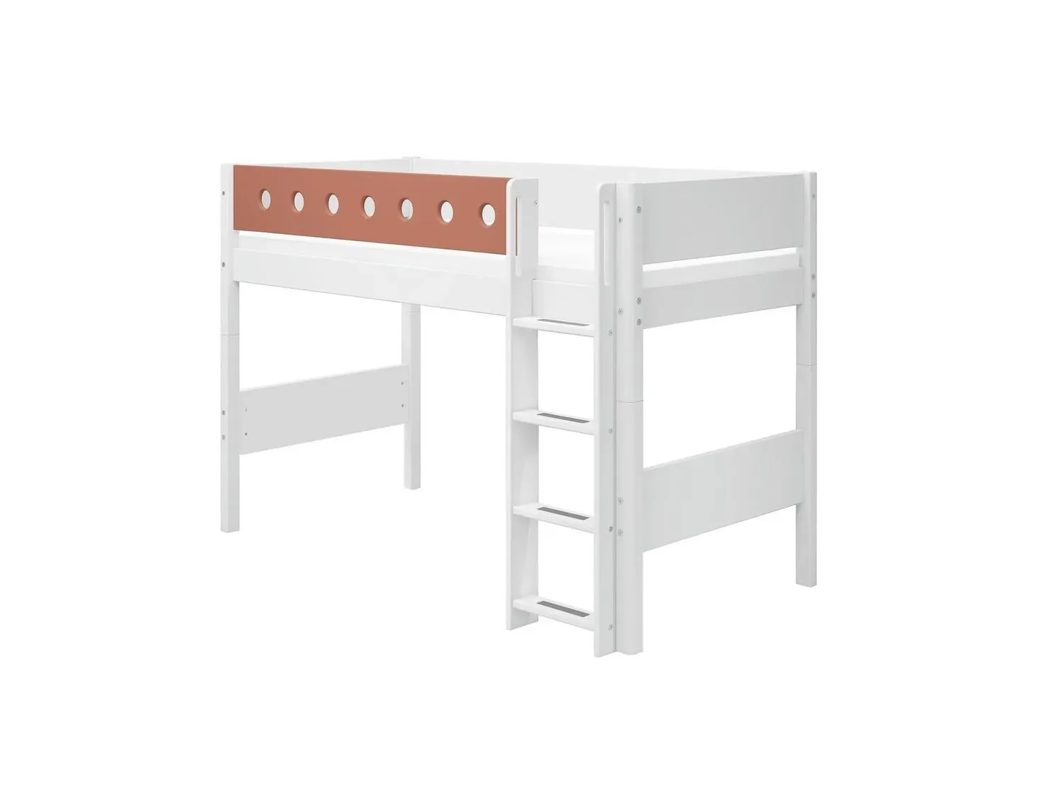 FLEXA Hochbett, Mittelhohes Bett - Mitwachsendes, Kinderbett mit Stauraum, 90x200 cm, Farbe: Weiß/Errröten