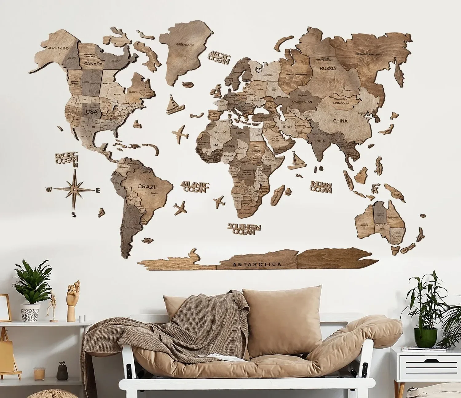 Weltkarte holz, Landkarte Welt, Weltkarte Wanddeko 3D - Enjoy The Wood, Terra Prime, Weltkarte Größe: L