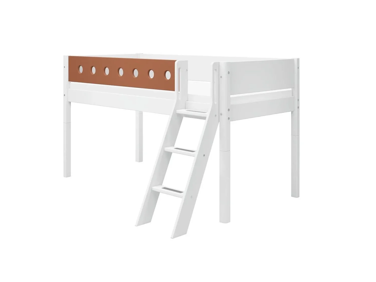 FLEXA Halbhohes Hochbett, Kinderbett mit Schrägleiter - MDF und Kiefer, 90x200 cm, Absturzsicherung, Farbe: Weiß/Errröten