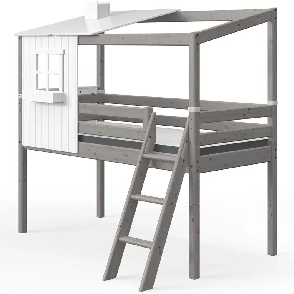 Flexa halbhohes Bett Haus mit halbem Dach weiss grau