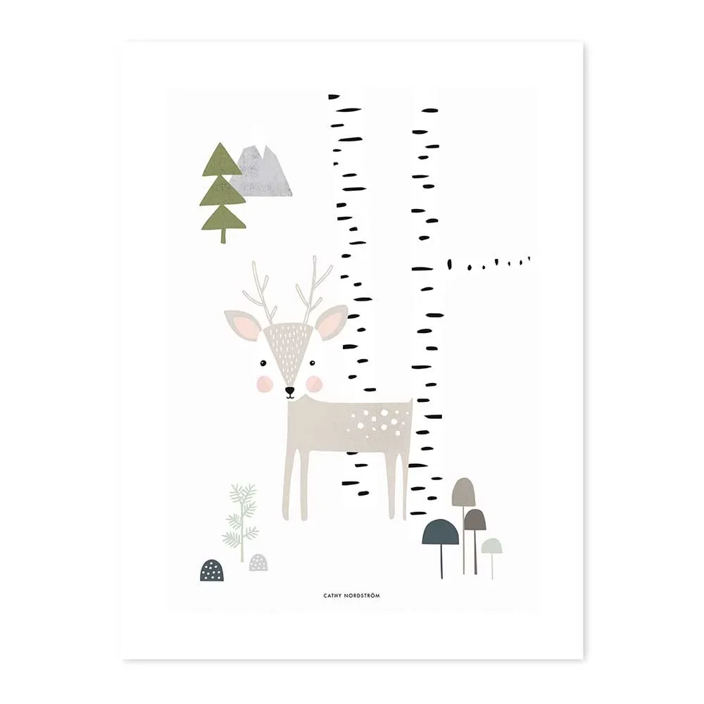 Lilipinso Poster Kleiner Hirsch im Birkenwäldchen grau