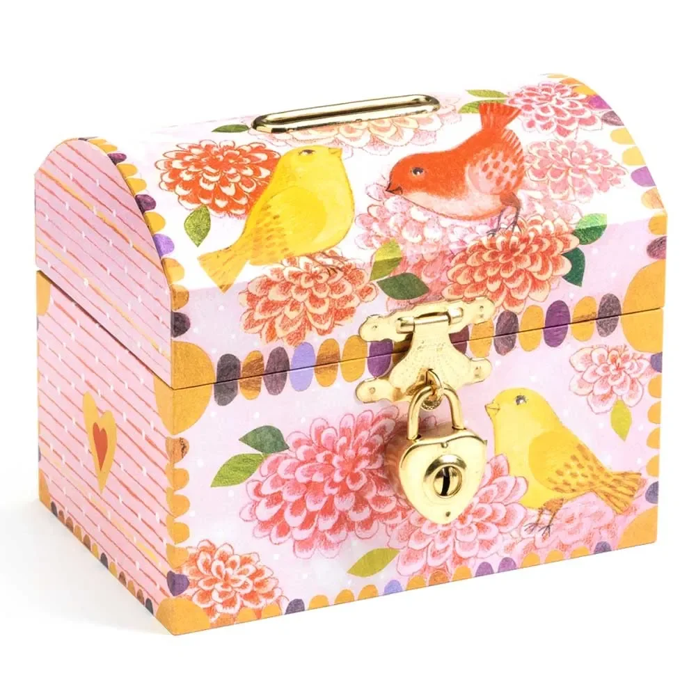 Djeco Kinder Spardose Schatzkiste Vögel rosa