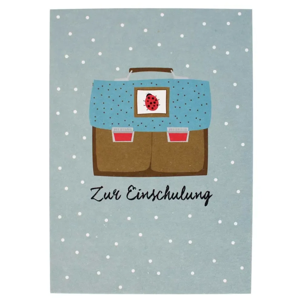 Ava & Yves Postkarte Einschulung Ranzen blau braun