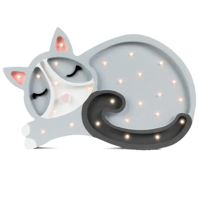 Little Lights Nachtlicht Kinder, Nachtlampe Katze - 100% Kiefernholz natur, Farbe: hellgrau