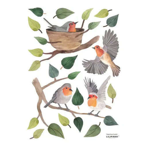 Lilipinso Wandsticker A3 Rotkehlchen im Baum grau