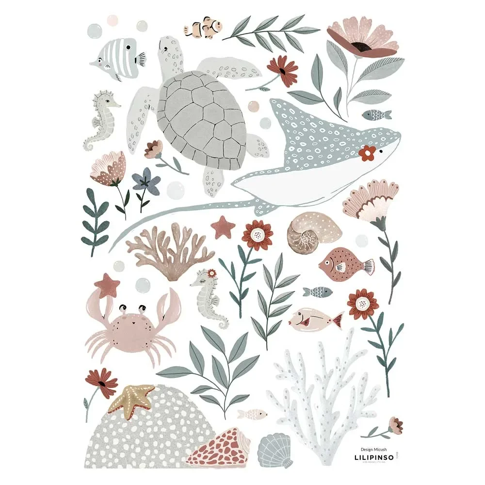 "Lilipinso Wandsticker A3 Unterwassertiere graublau rosa image"