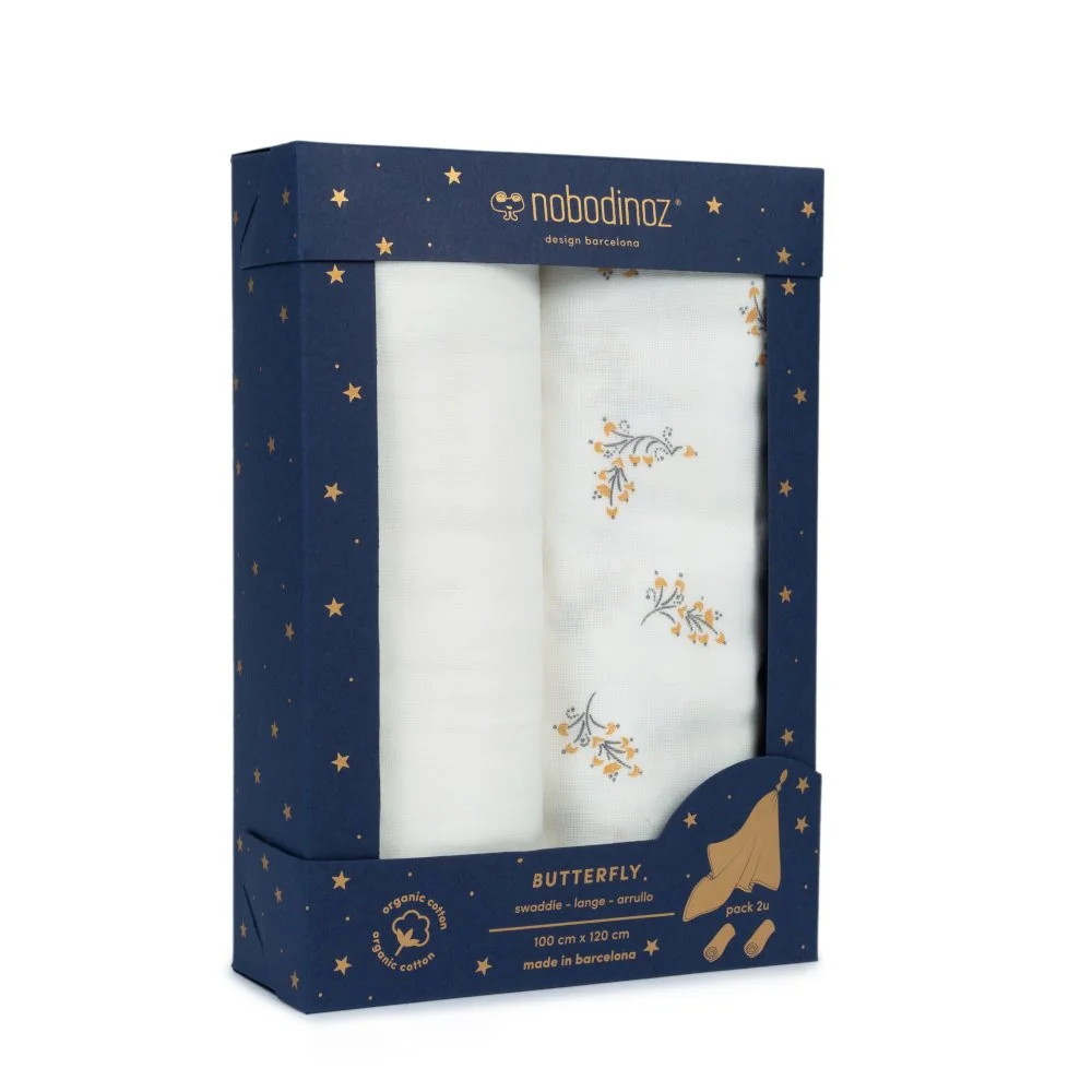 Nobodinoz Baby Mulltuch "Butterfly" Box Flore weiß mit Blüten