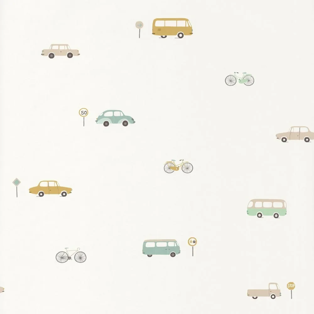 "Casadeco Kindertapete Happy Dreams Fahrzeuge mint gelb image"