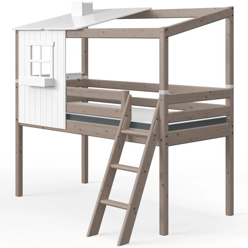 "Flexa halbhohes Bett Haus mit halbem Dach weiss braun image"