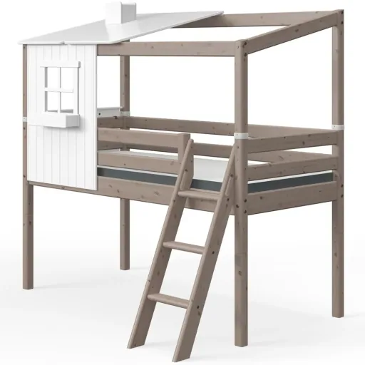 "Flexa halbhohes Bett Haus mit halbem Dach weiss braun image"