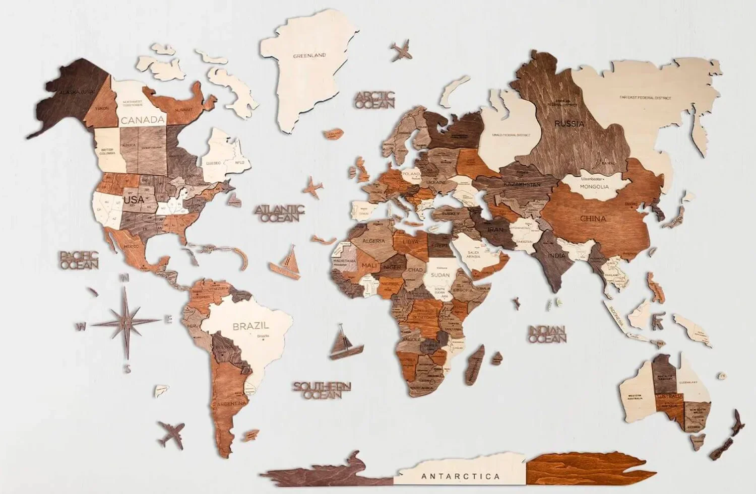 "Weltkarte Holz, Landkarte Welt, Weltkarte Wanddeko 3D - Enjoy The Wood, Multicolor Prime, Weltkarte Größe: L image"