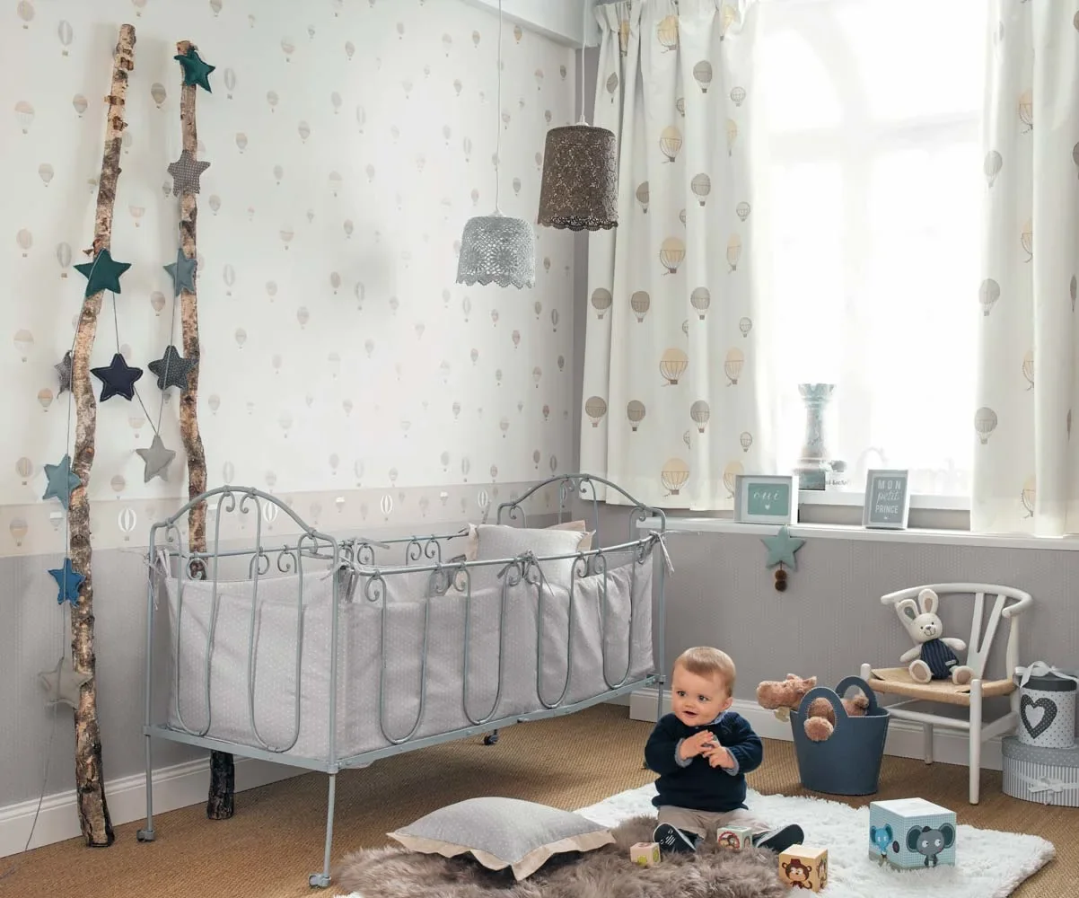 "Casadeco My Little World Tapete Heissluftballons braun grau blau image"