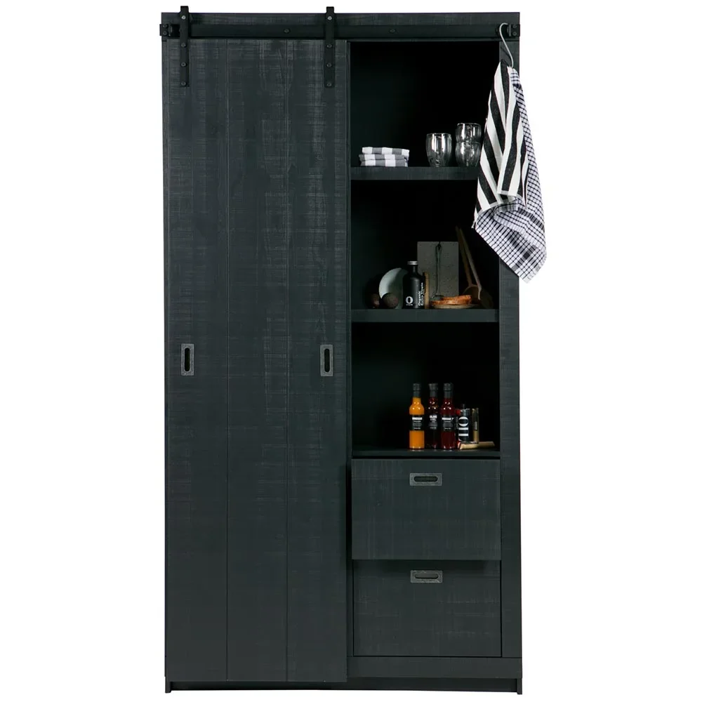 Woood Schiebetür Schrank sägerau schwarz