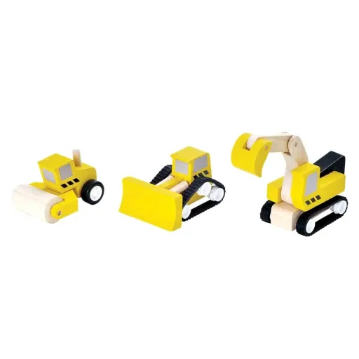 Plan Toys Baufahrzeug-Set aus naturbelassenem Holz mit 3 Fahrzeugen