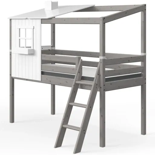 "Flexa halbhohes Bett Haus mit halbem Dach weiss grau image"