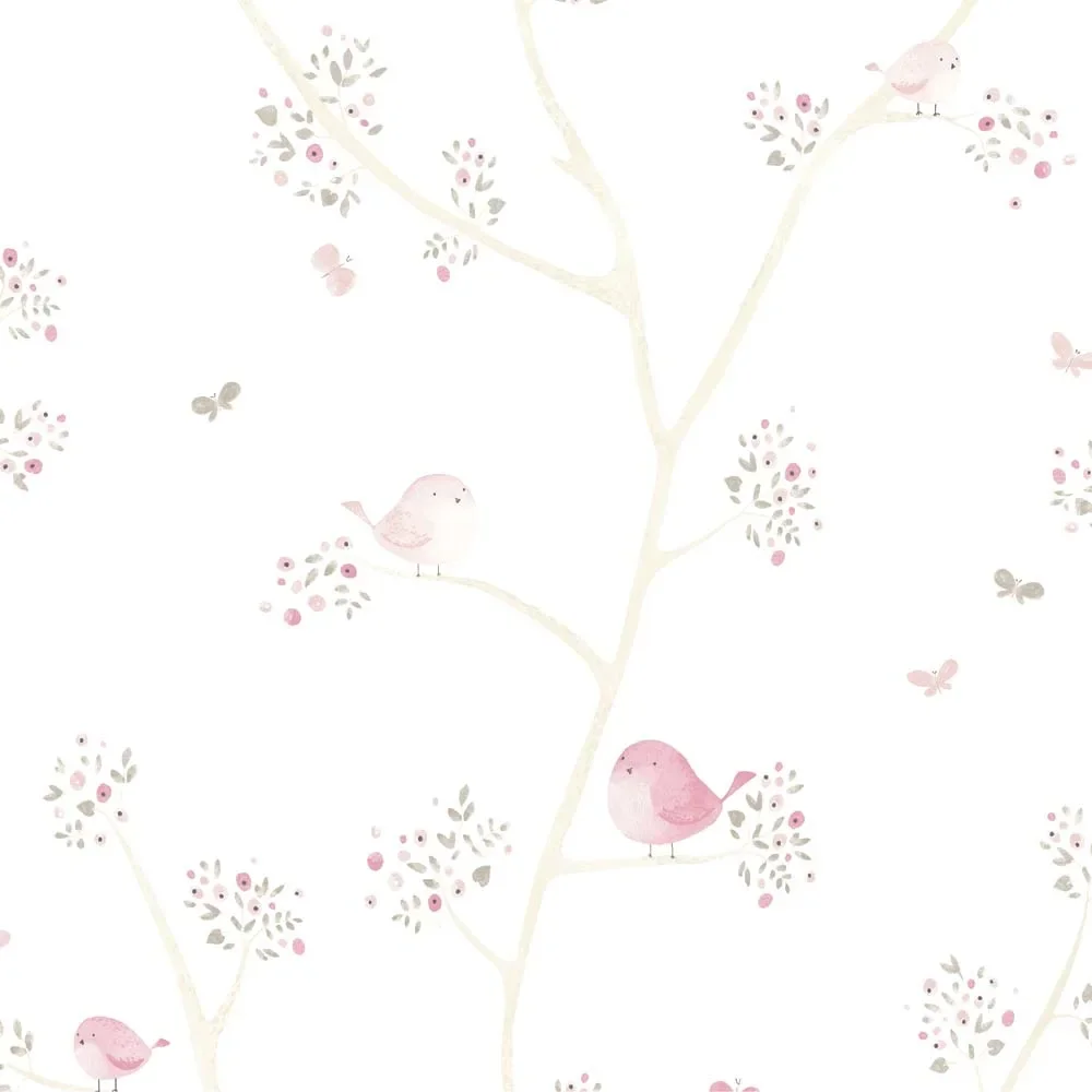 "Casadeco My Little World Stoff Vögelchen rosa grau image"