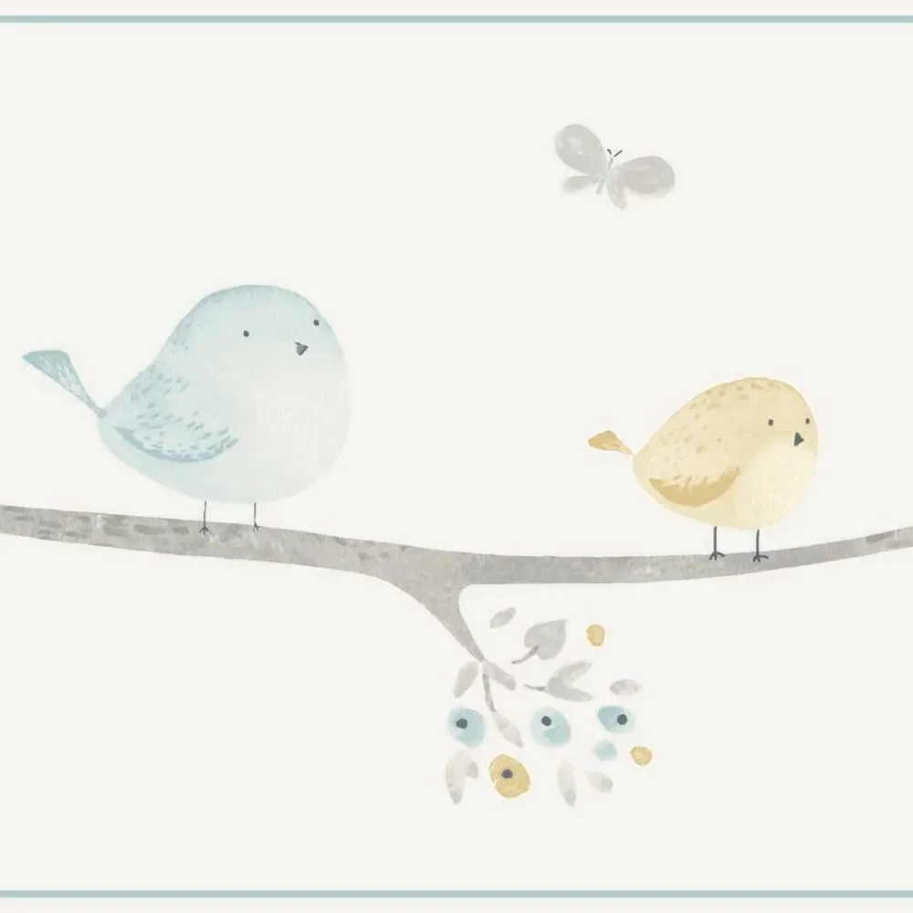 "Casadeco My Little World Bordüre Vögelchen blau grau ocker image"