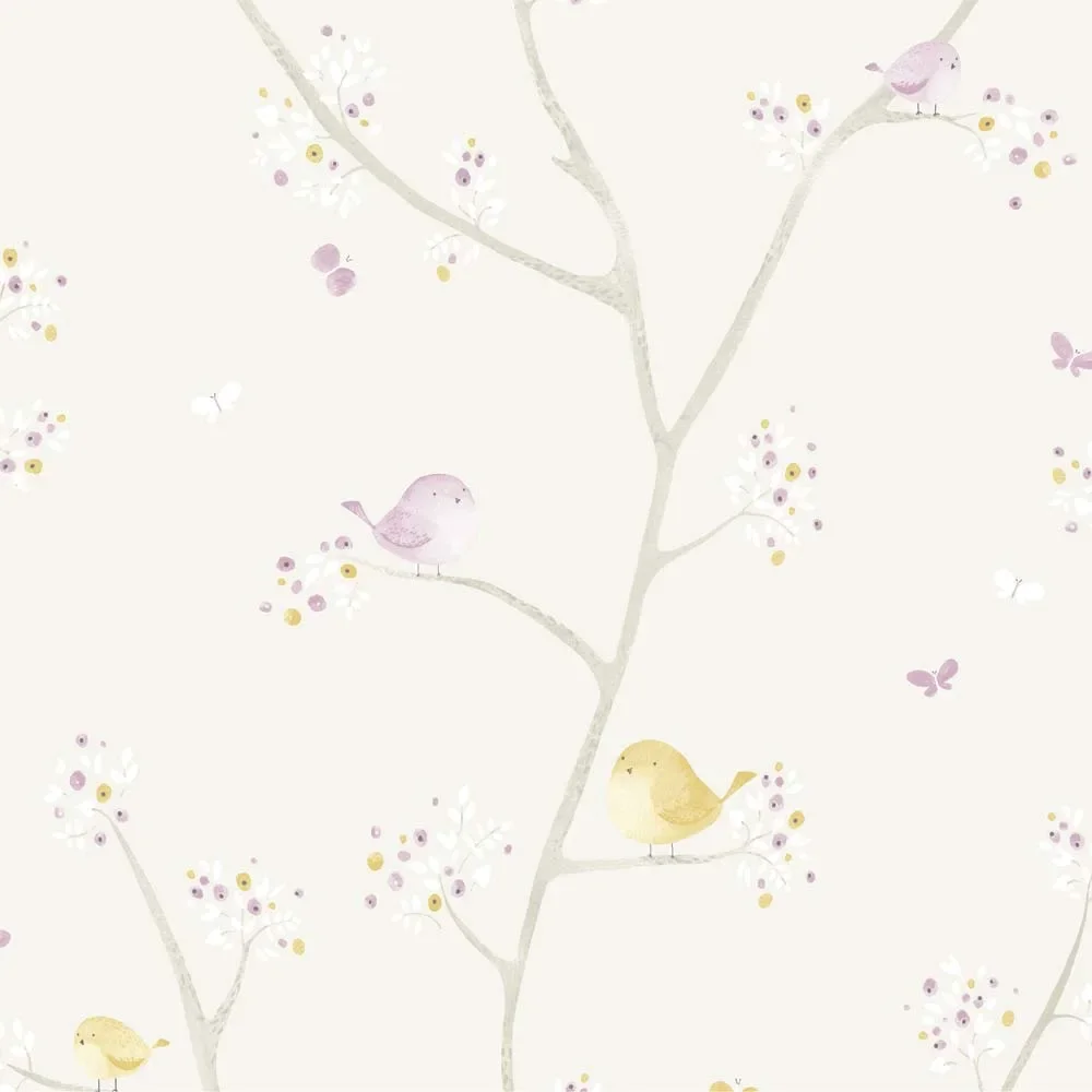 "Casadeco My Little World Stoff Vögelchen lila grau lime image"