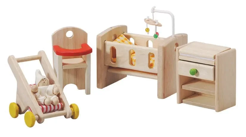 Plan Toys - Puppenmöbelset Set - Schlafzimmer Baby, Gummibaumholz