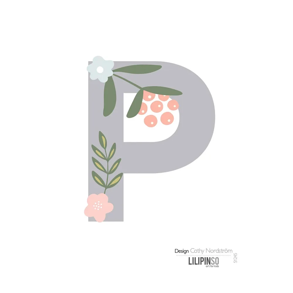 "Lilipinso Sticker Buchstabe mit Blüten grau rosa pastell P image"