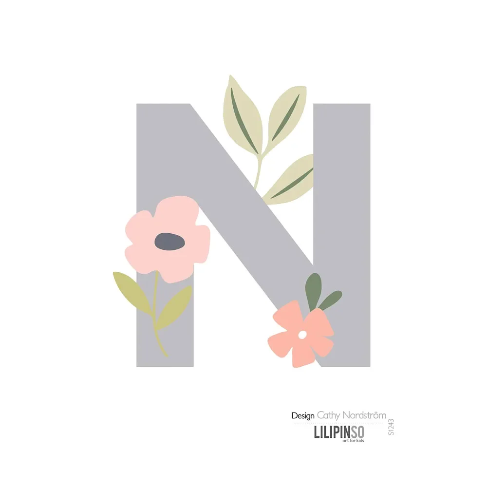 "Lilipinso Sticker Buchstabe mit Blüten grau rosa pastell N image"