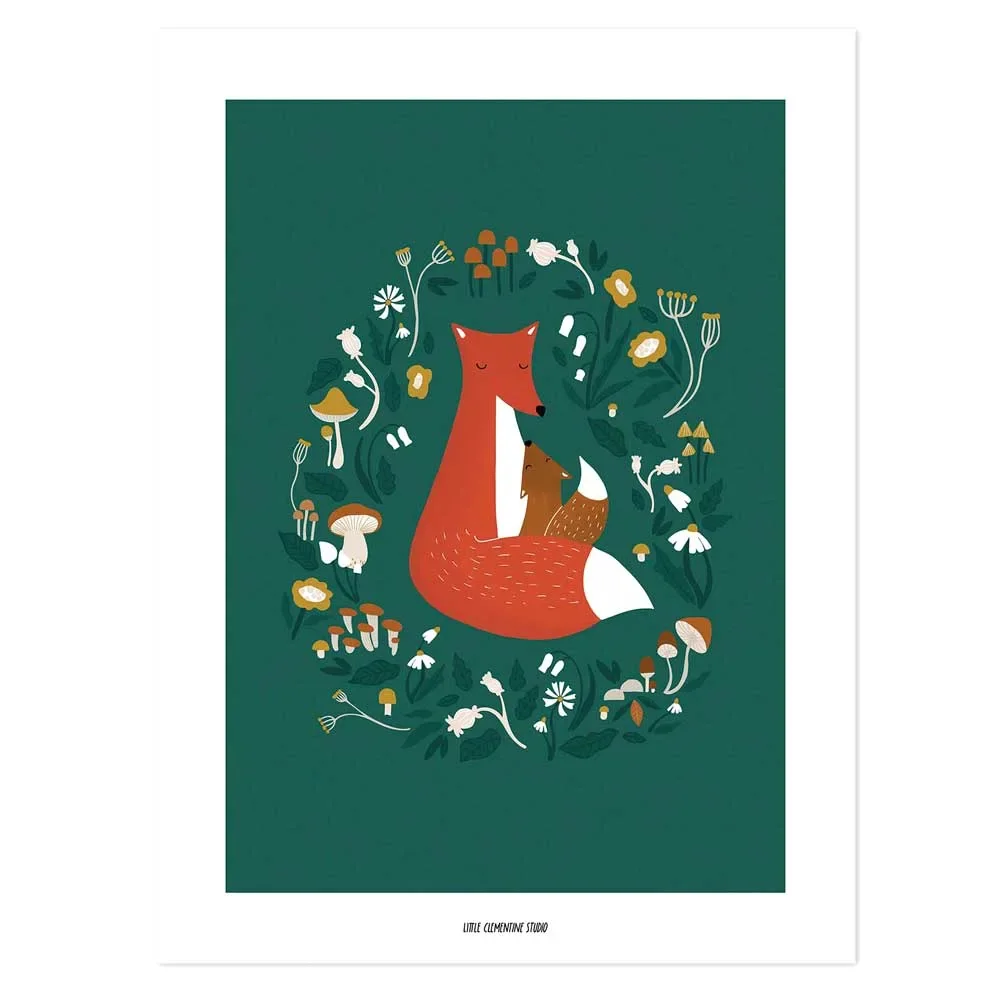 "Lilipinso Poster Fuchs und Pilze dunkelgrün image"