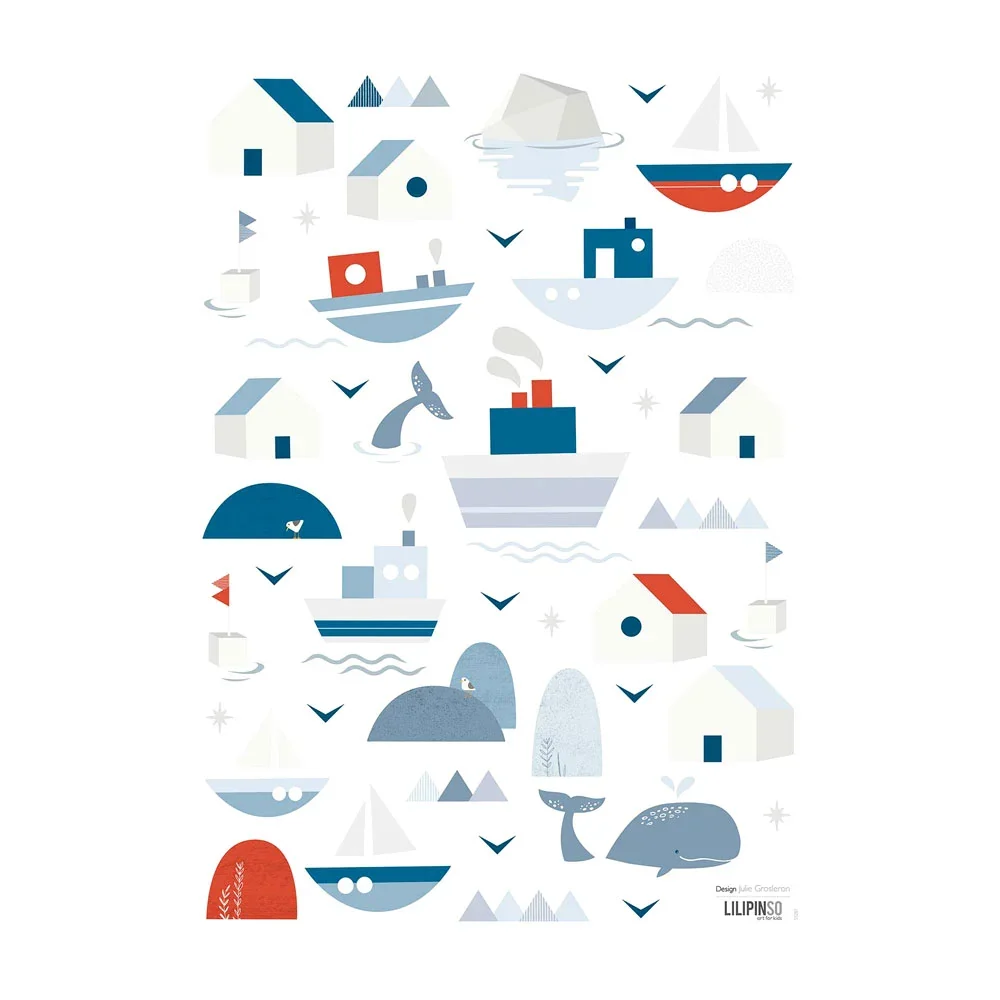 "Lilipinso Wandsticker A3 Schiffe Häuser und Wale grau blau rot image"