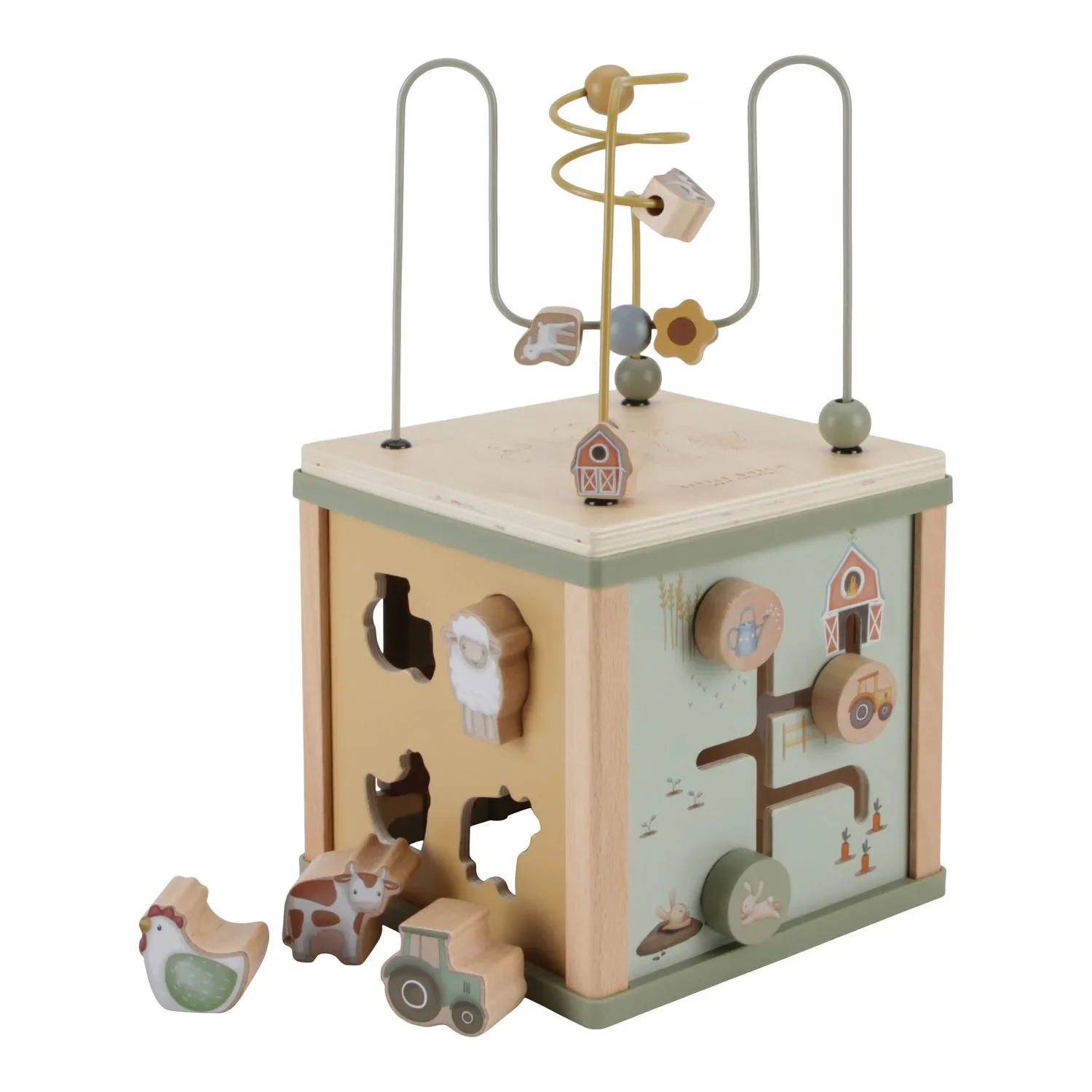 "Little Dutch Motorikwürfel Little Farm: Aktivitätswürfel aus Holz mit Formensortierer, Puzzle & Perlenspirale (ab 18 Monaten) image"