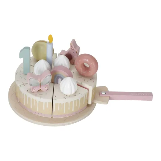 Little Dutch Spielzeug Geburtstagstorte aus Holz - Rosa, 18x18x4